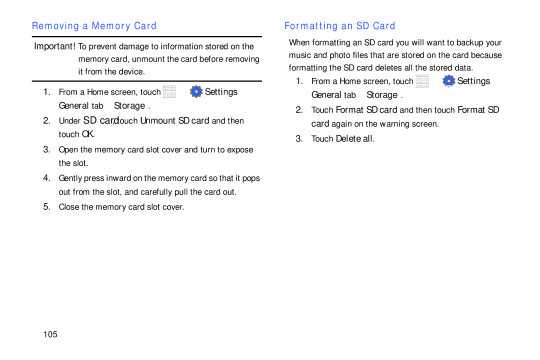 Samsung Tab4 user manual Removing a Memory Card, Formatting an SD Card, Touch Delete all, 105 