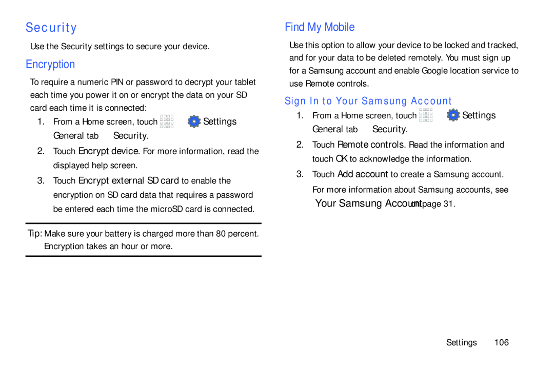 Samsung Tab4 user manual Security, Encryption, Find My Mobile, Sign In to Your Samsung Account 