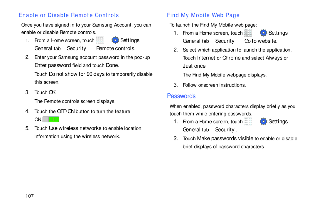 Samsung Tab4 Passwords, Enable or Disable Remote Controls, Find My Mobile Web, To launch the Find My Mobile web, 107 