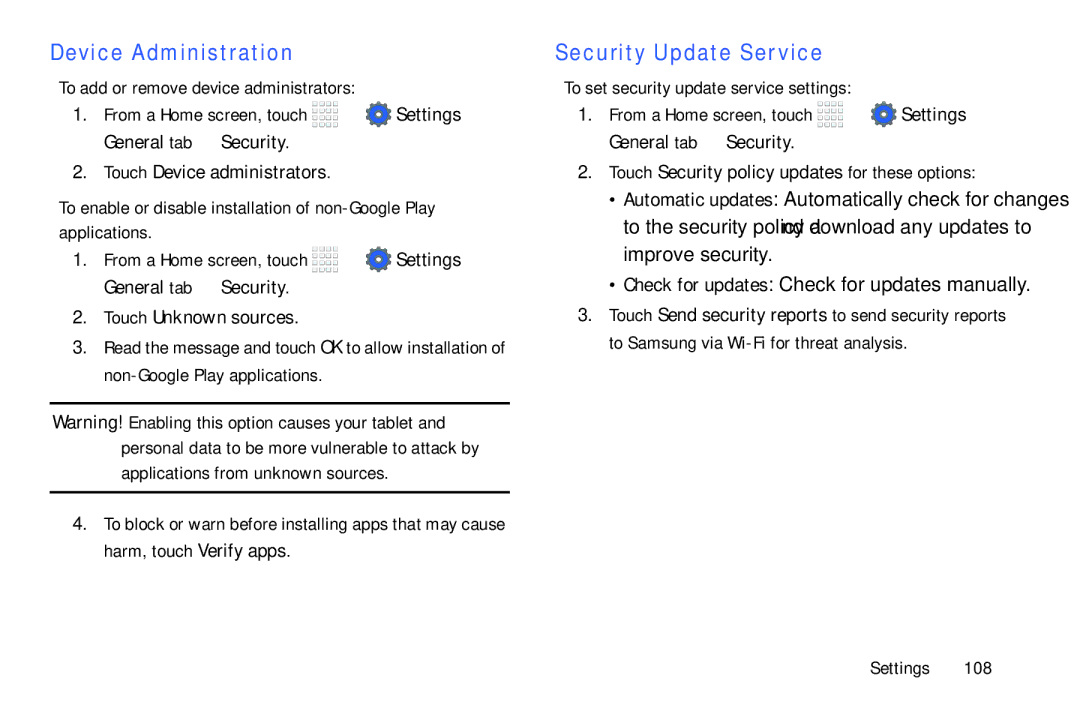 Samsung Tab4 user manual Device Administration, Security Update Service, Touch Device administrators, Touch Unknown sources 