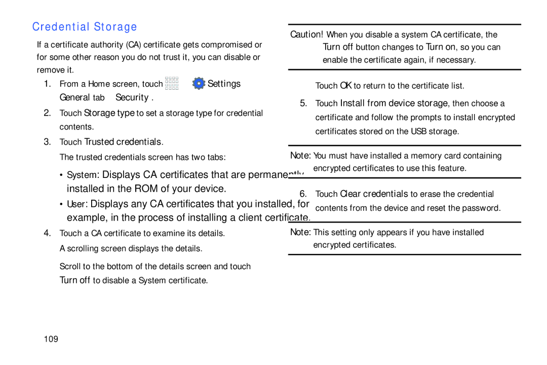 Samsung Tab4 user manual Credential Storage, Touch Trusted credentials, Trusted credentials screen has two tabs, 109 