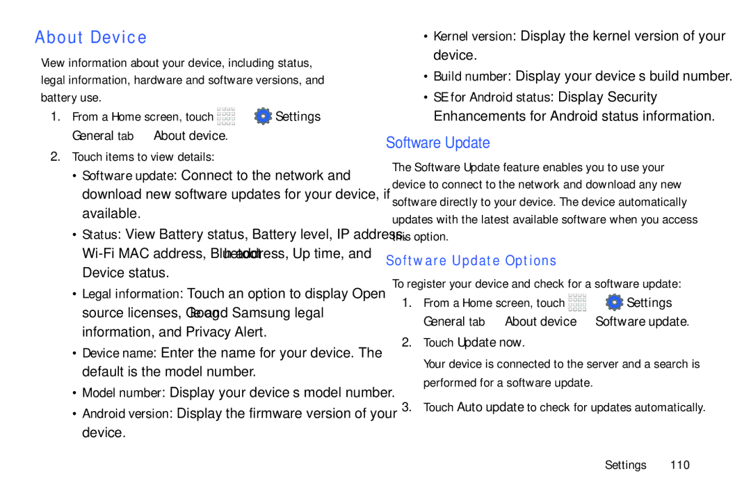 Samsung Tab4 user manual About Device, Software Update Options, Touch Update now 