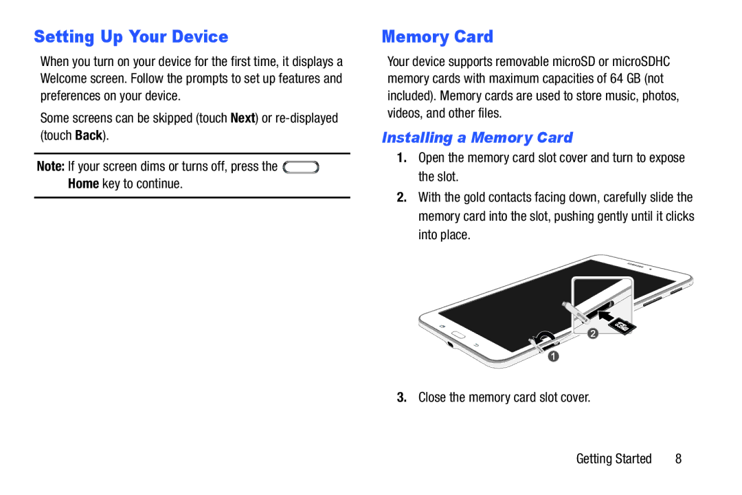 Samsung Tab4 user manual Setting Up Your Device, Installing a Memory Card 