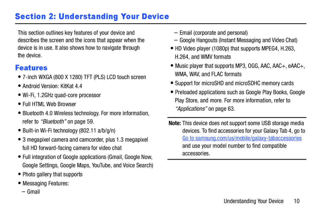 Samsung Tab4 user manual Understanding Your Device, Features 