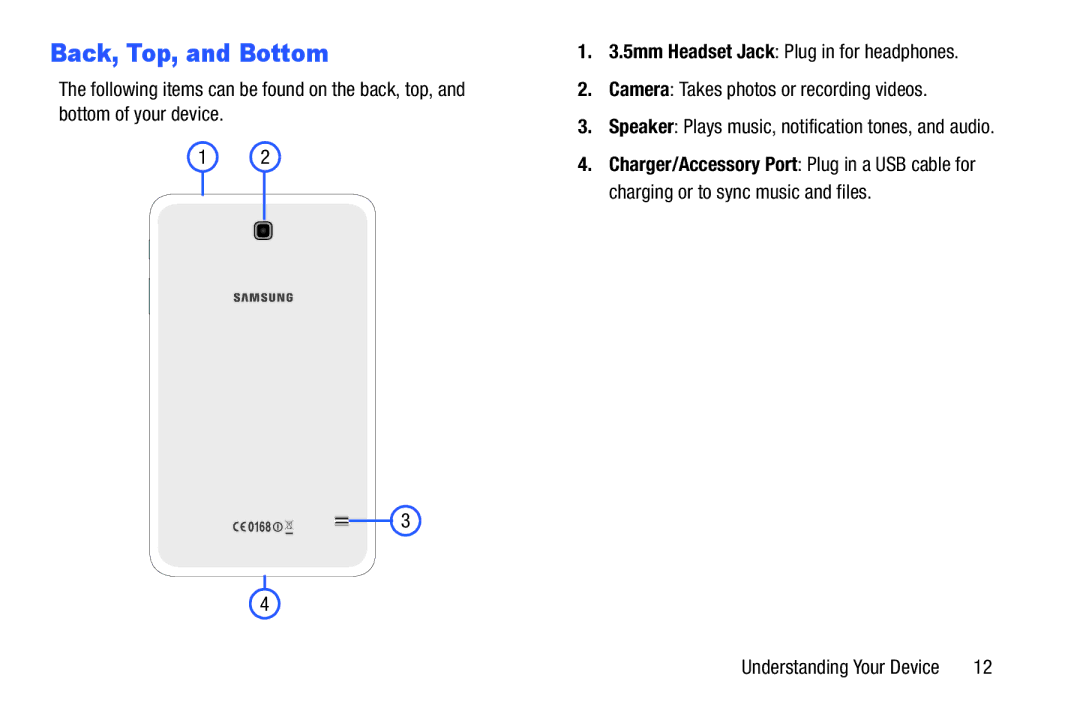 Samsung Tab4 user manual Back, Top, and Bottom, Speaker Plays music, notification tones, and audio 