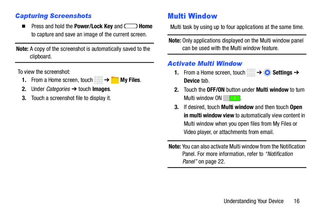 Samsung Tab4 user manual Capturing Screenshots, Activate Multi Window, From a Home screen, touch Settings Device tab 