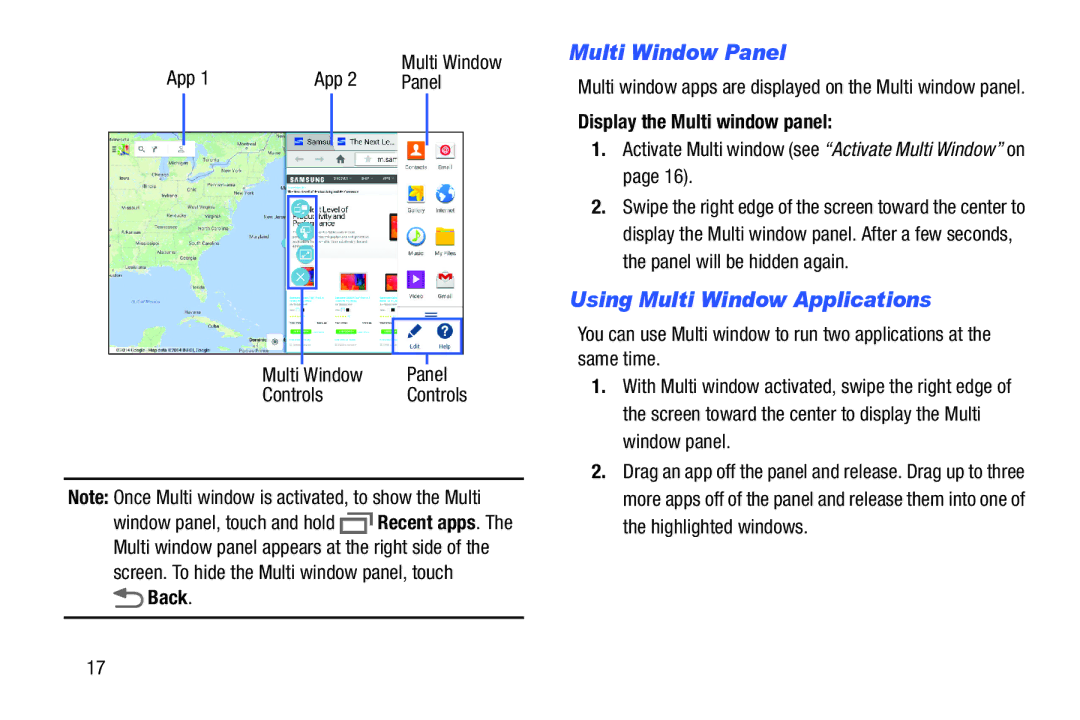 Samsung Tab4 user manual Multi Window Panel, Using Multi Window Applications, Back, Display the Multi window panel 