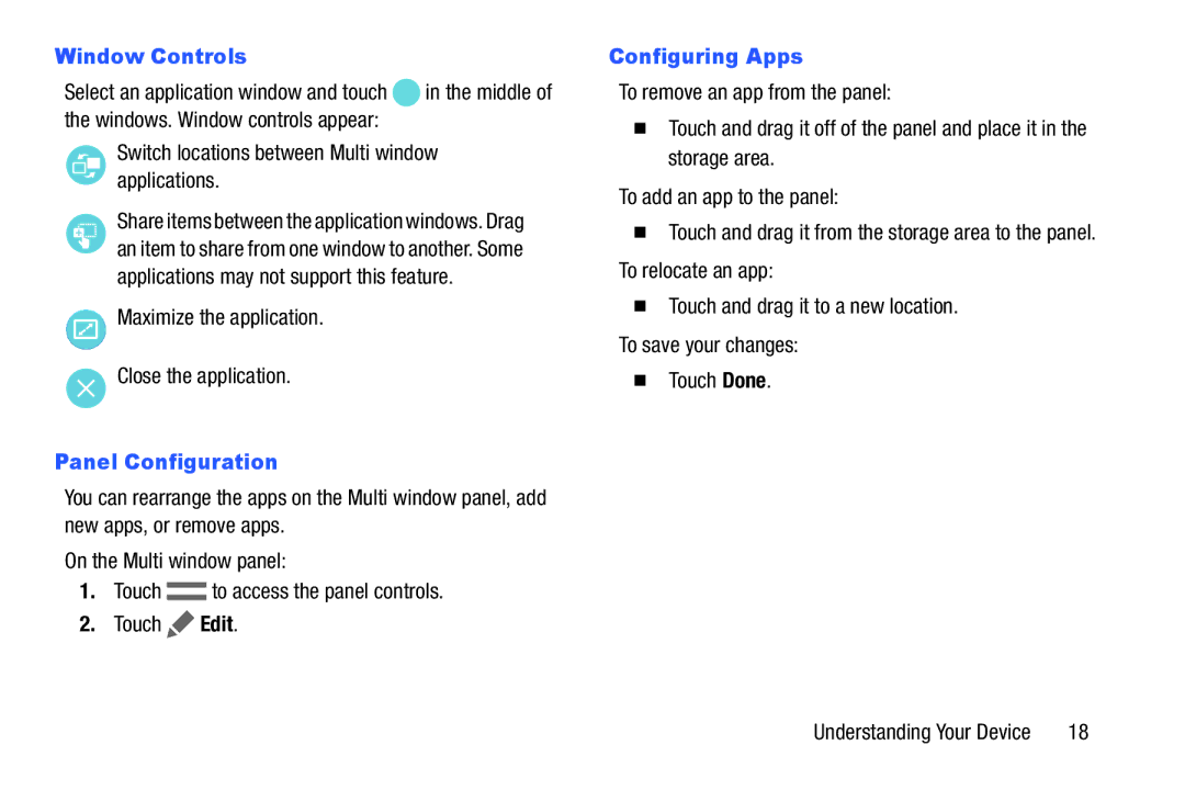 Samsung Tab4 Window Controls, Switch locations between Multi window applications, Panel Configuration, Configuring Apps 