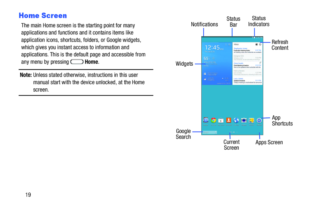 Samsung Tab4 user manual Home Screen 