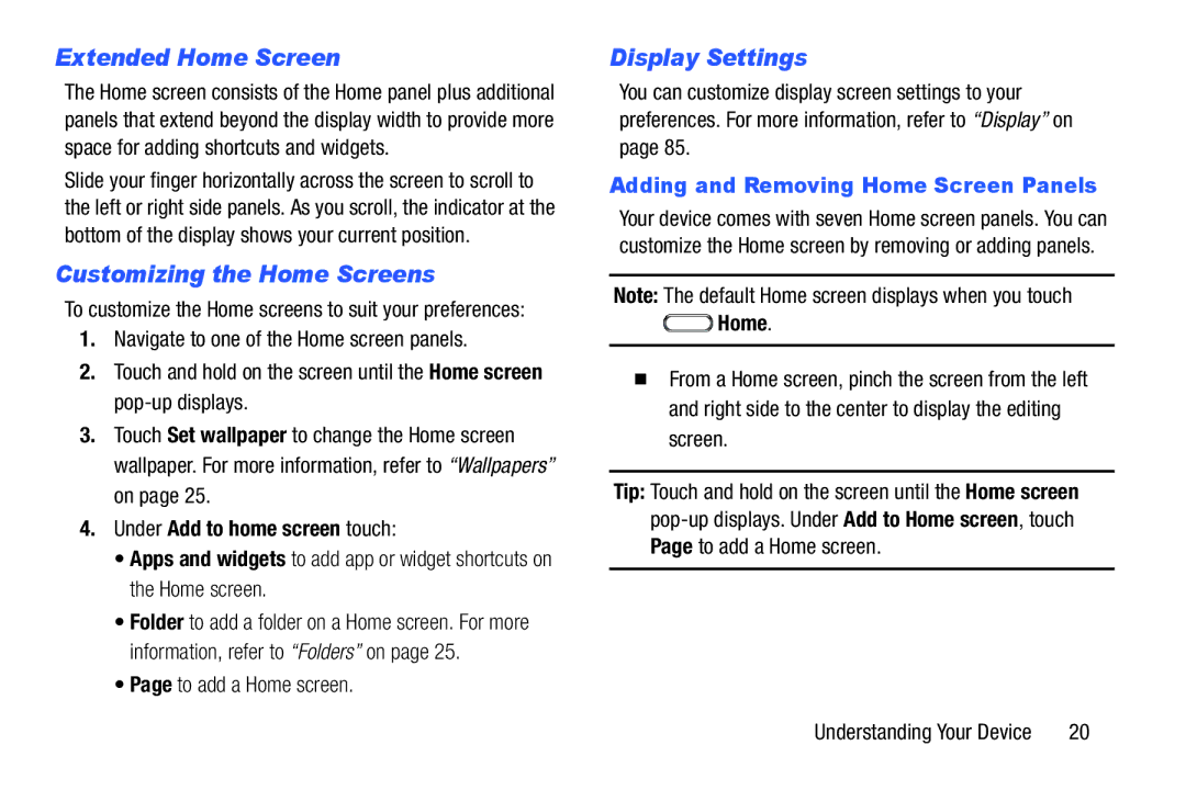 Samsung Tab4 Extended Home Screen, Customizing the Home Screens, Display Settings, Adding and Removing Home Screen Panels 