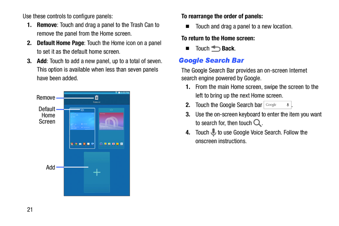 Samsung Tab4 user manual Google Search Bar, Use these controls to configure panels, To rearrange the order of panels 