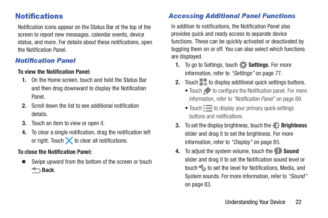 Samsung Tab4 user manual Notifications, Accessing Additional Panel Functions, To view the Notification Panel 