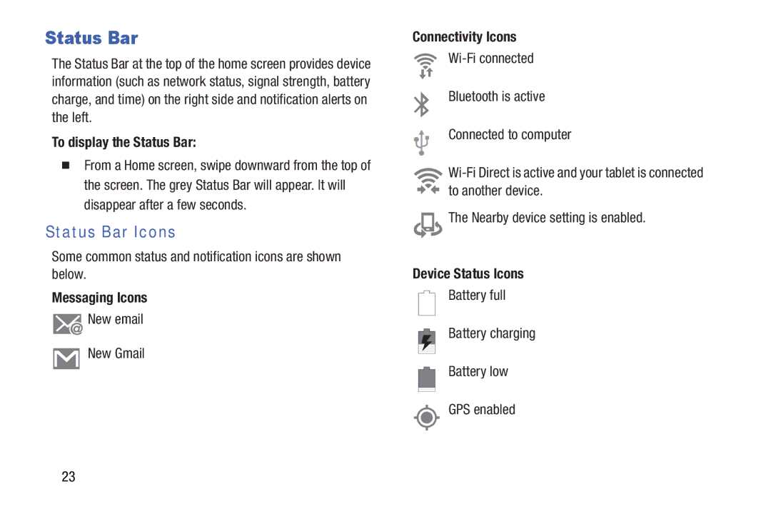 Samsung Tab4 user manual Status Bar Icons 