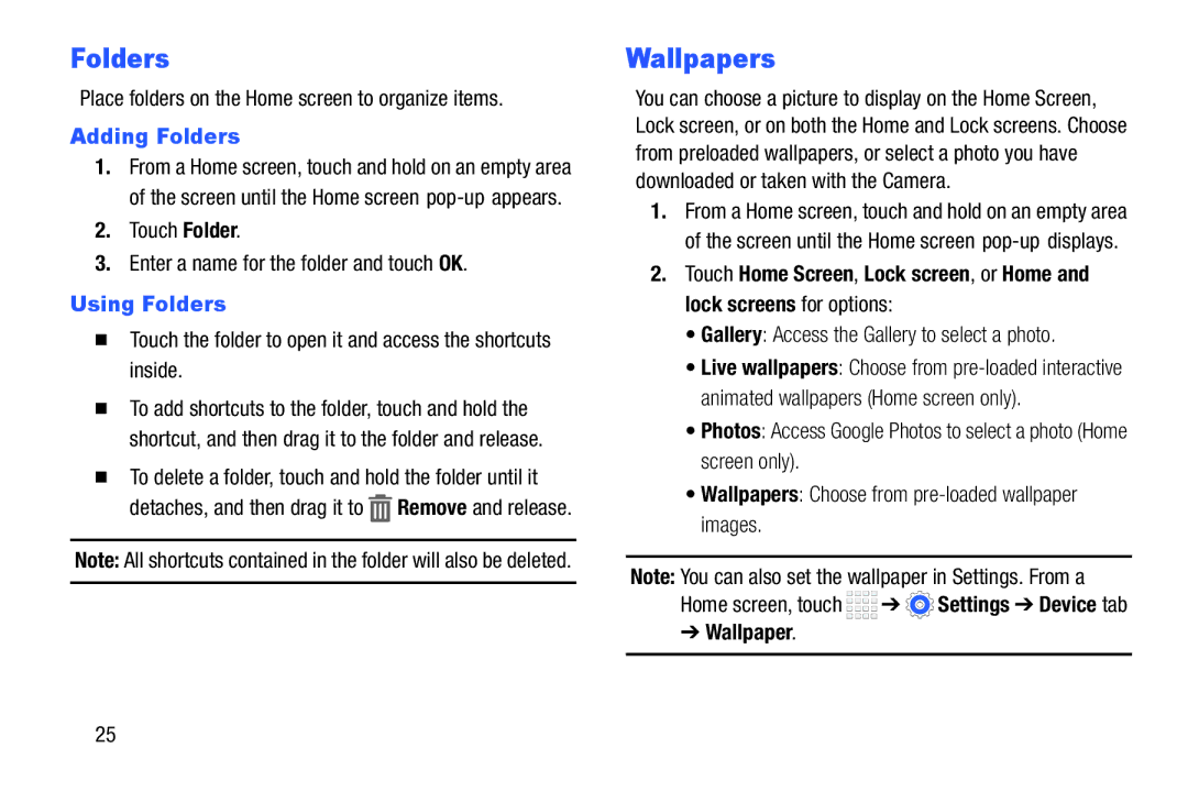 Samsung Tab4 user manual Wallpapers, Adding Folders, Using Folders 