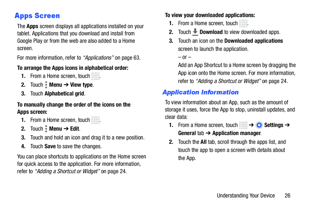 Samsung Tab4 Apps Screen, Application Information, To arrange the Apps icons in alphabetical order, Touch Menu Edit 