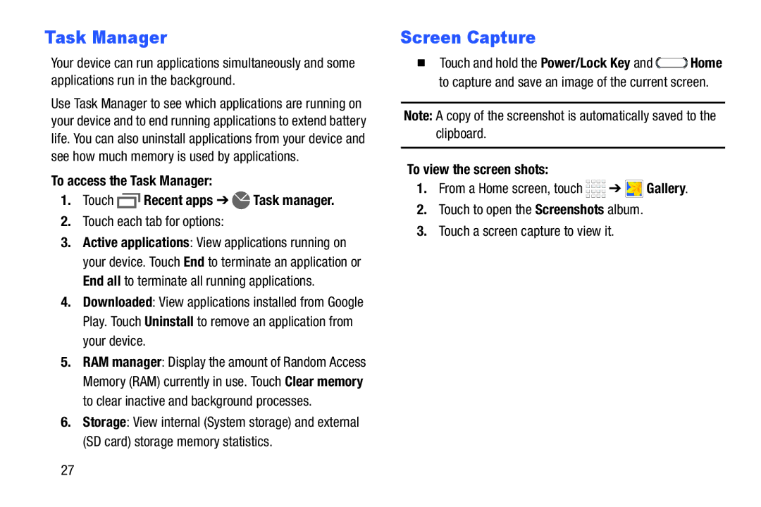 Samsung Tab4 Screen Capture, To access the Task Manager Touch Recent apps Task manager, Touch each tab for options 