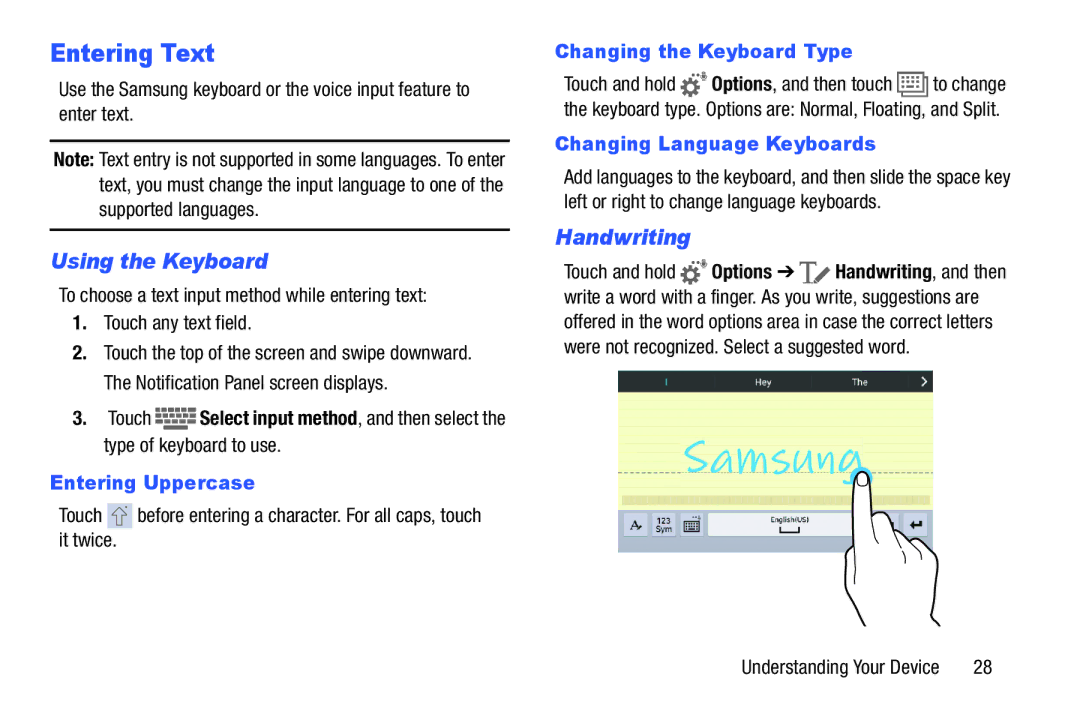 Samsung Tab4 user manual Entering Text, Using the Keyboard, Handwriting 