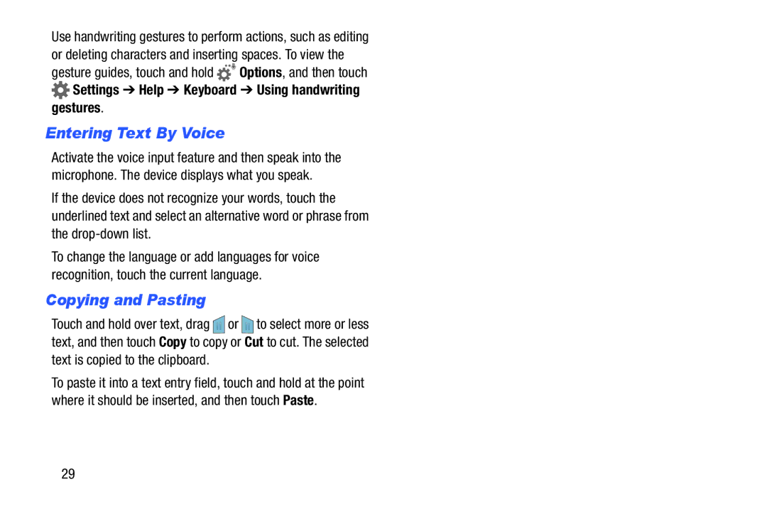 Samsung Tab4 Entering Text By Voice, Copying and Pasting, Gesture guides, touch and hold Options, and then touch 