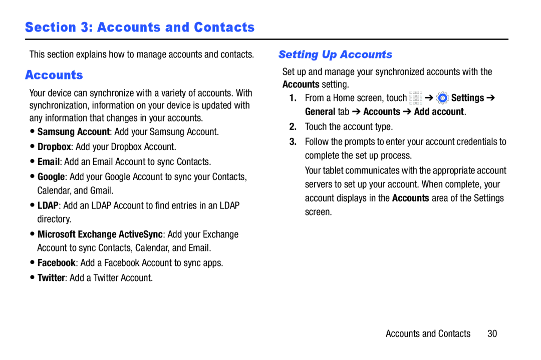 Samsung Tab4 user manual Accounts and Contacts, Setting Up Accounts, Accounts setting 