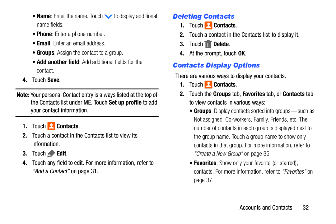 Samsung Tab4 Deleting Contacts, Contacts Display Options, Add another field Add additional fields for the contact 