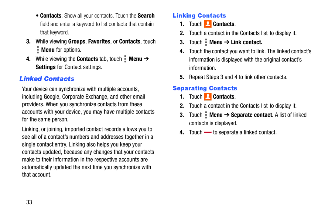 Samsung Tab4 user manual Linked Contacts, Linking Contacts, Touch Menu Link contact, Separating Contacts 