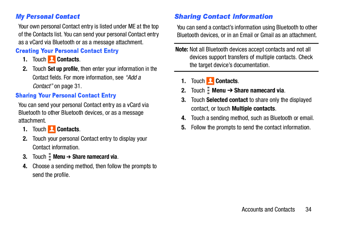 Samsung Tab4 user manual My Personal Contact, Sharing Contact Information, Creating Your Personal Contact Entry 