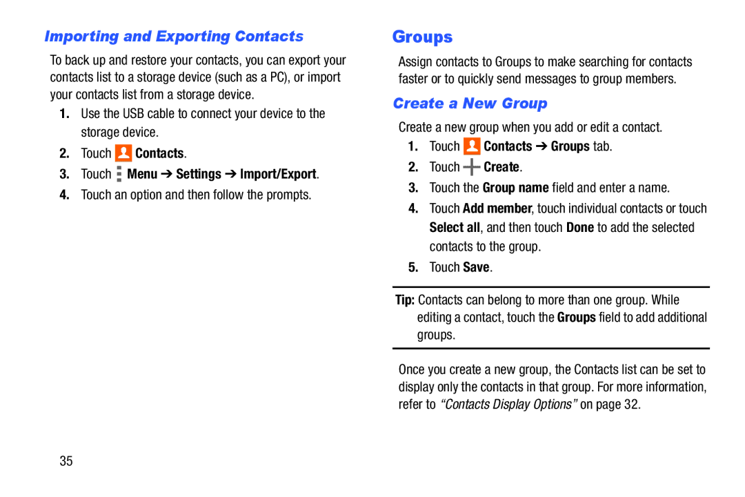 Samsung Tab4 user manual Importing and Exporting Contacts, Create a New Group, Touch Contacts Groups tab 