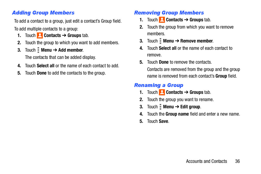 Samsung Tab4 user manual Adding Group Members, Removing Group Members, Renaming a Group 