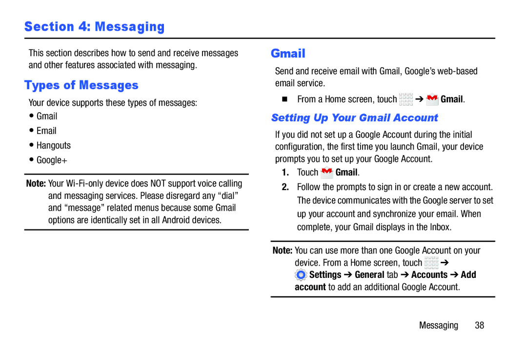 Samsung Tab4 user manual Messaging, Types of Messages, Setting Up Your Gmail Account 