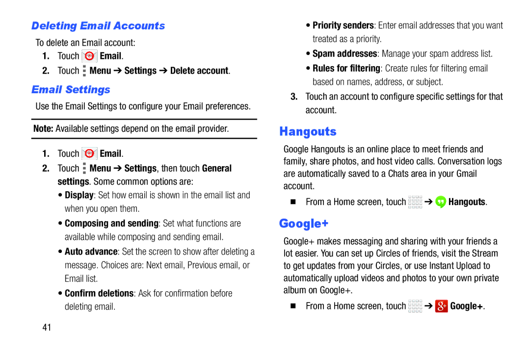 Samsung Tab4 user manual Hangouts, Google+, Deleting Email Accounts, Email Settings, Touch Menu Settings Delete account 