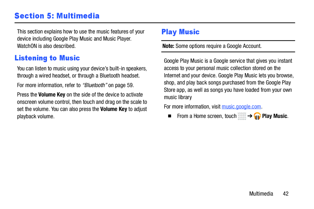 Samsung Tab4 user manual Multimedia, Listening to Music, Play Music 