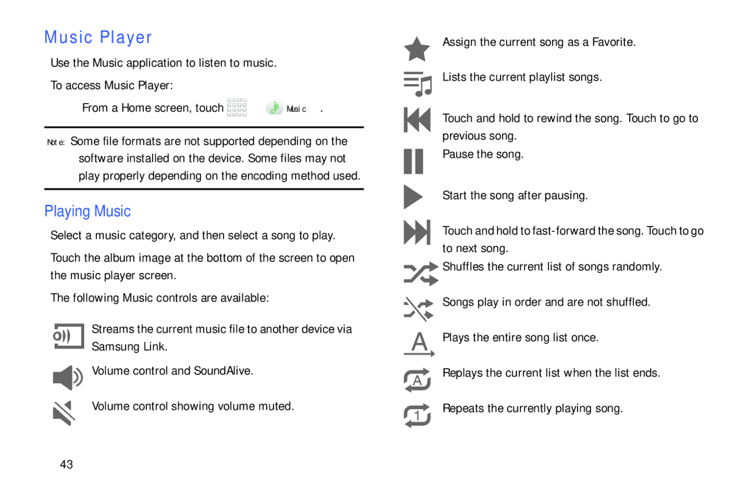 Samsung Tab4 user manual Playing Music, To access Music Player  From a Home screen, touch 