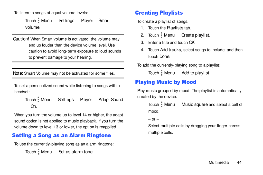 Samsung Tab4 user manual Setting a Song as an Alarm Ringtone, Creating Playlists, Playing Music by Mood 