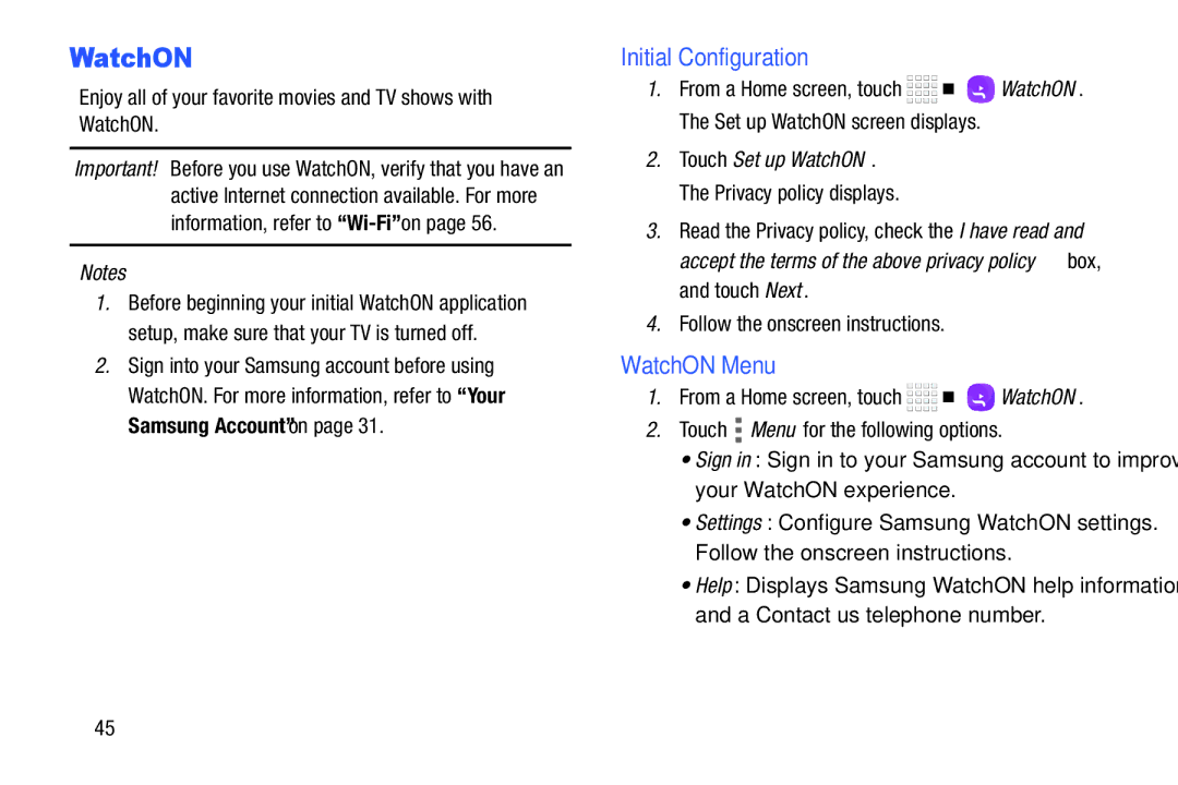 Samsung Tab4 Initial Configuration, WatchON Menu, Enjoy all of your favorite movies and TV shows with WatchON 