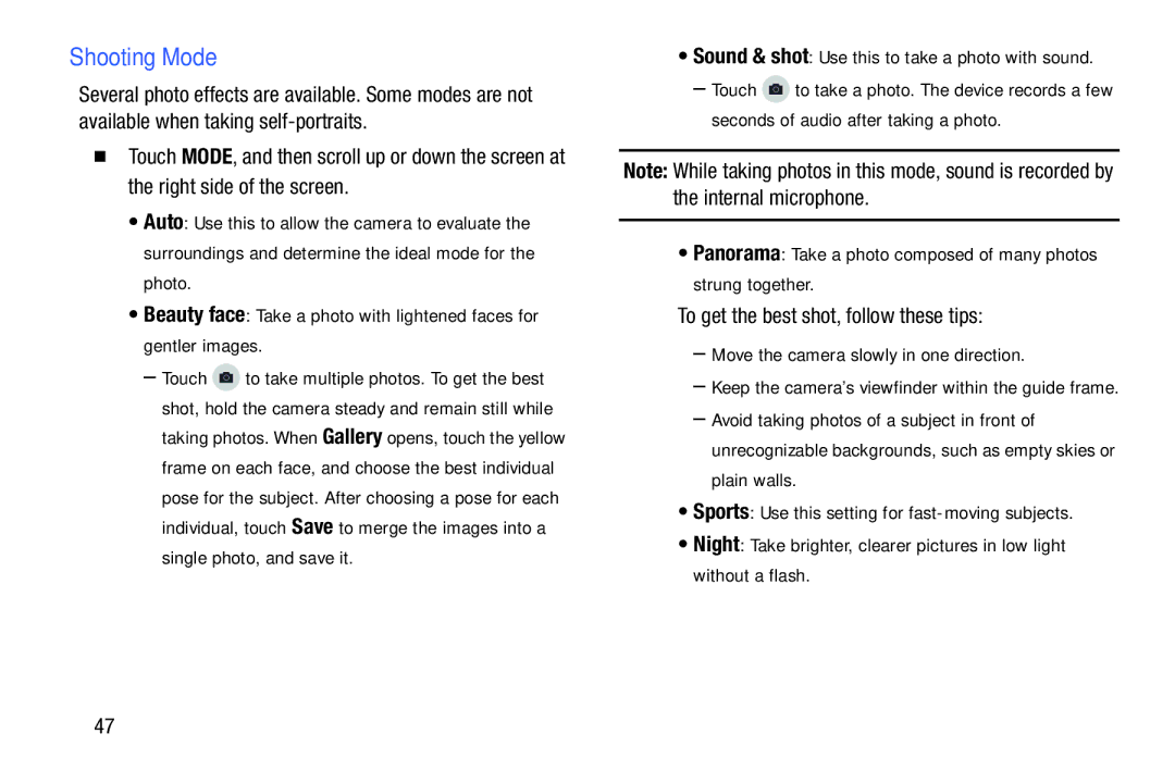 Samsung Tab4 user manual Shooting Mode 