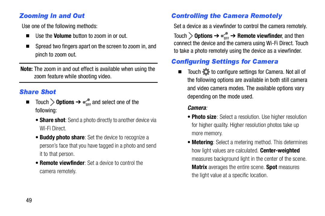 Samsung Tab4 user manual Zooming In and Out, Share Shot, Controlling the Camera Remotely, Configuring Settings for Camera 