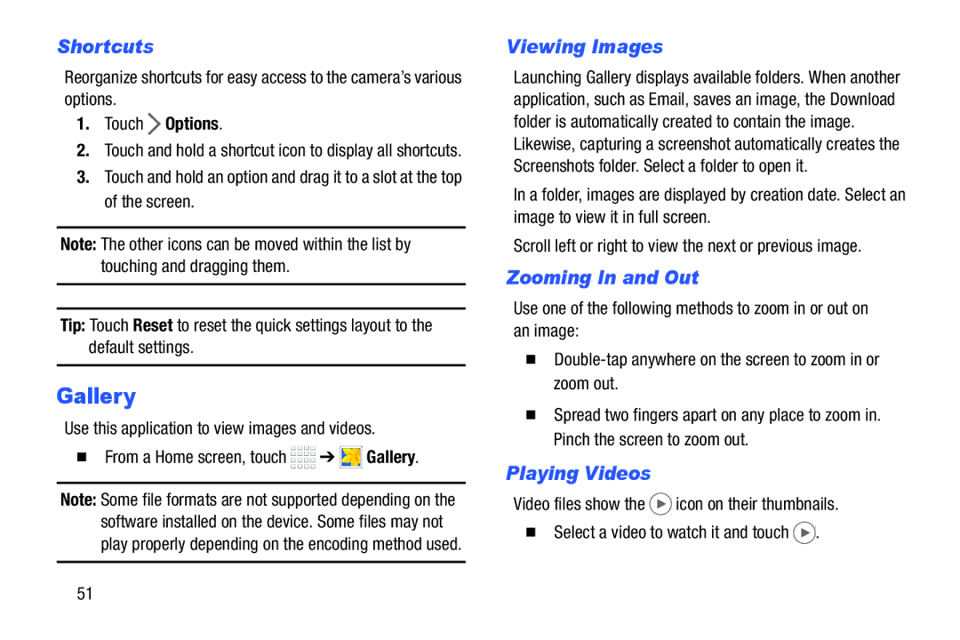 Samsung Tab4 user manual Gallery, Shortcuts, Viewing Images, Playing Videos, Touch Options 