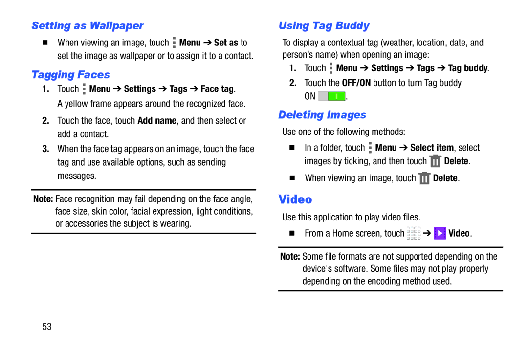 Samsung Tab4 user manual Video, Setting as Wallpaper, Tagging Faces, Using Tag Buddy, Deleting Images 