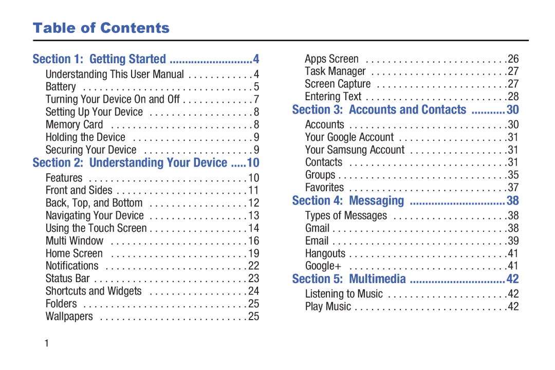 Samsung Tab4 user manual Table of Contents 