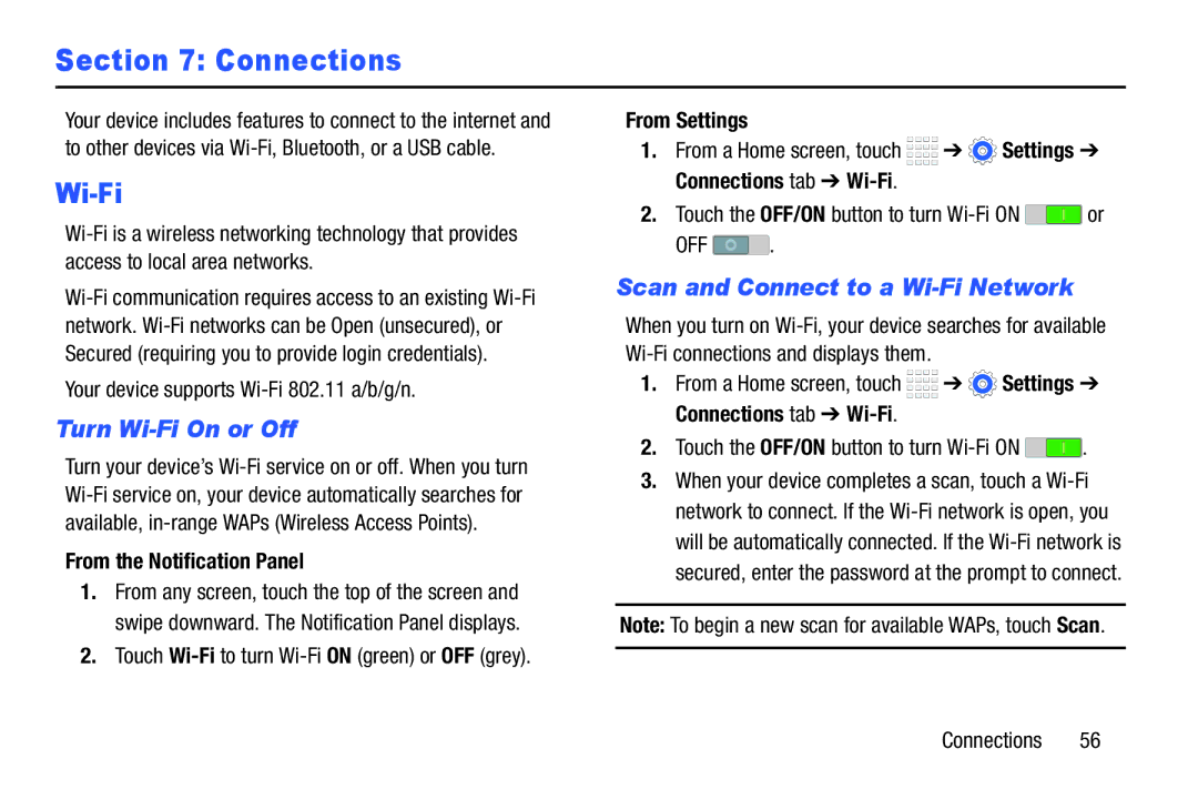 Samsung Tab4 user manual Connections, Turn Wi-Fi On or Off, Scan and Connect to a Wi-Fi Network 