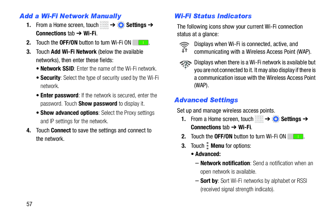 Samsung Tab4 user manual Add a Wi-Fi Network Manually, Wi-Fi Status Indicators, Advanced Settings 