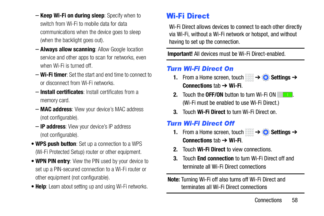 Samsung Tab4 Turn Wi-Fi Direct On, Turn Wi-Fi Direct Off, Important! All devices must be Wi-Fi Direct-enabled 