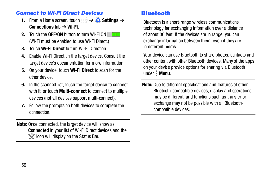 Samsung Tab4 user manual Bluetooth, Connect to Wi-Fi Direct Devices 