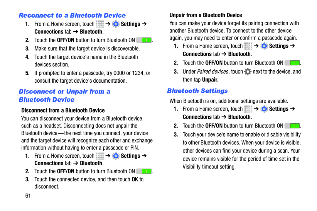 Samsung Tab4 user manual Reconnect to a Bluetooth Device, Disconnect or Unpair from a Bluetooth Device, Bluetooth Settings 