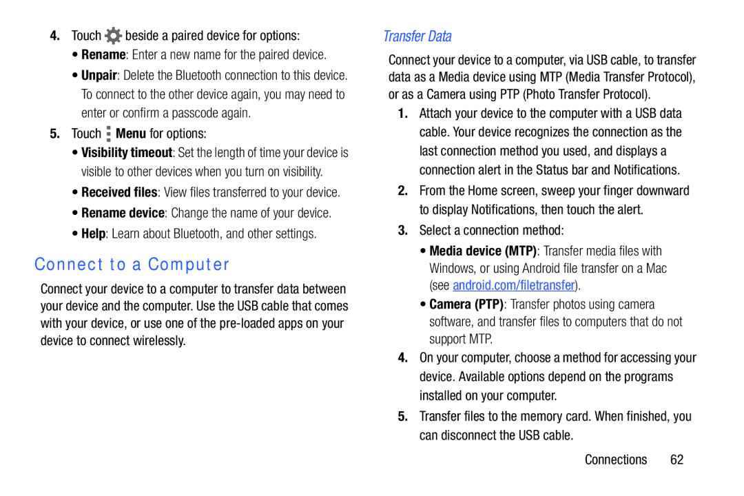 Samsung Tab4 user manual Connect to a Computer, Transfer Data, Touch beside a paired device for options 