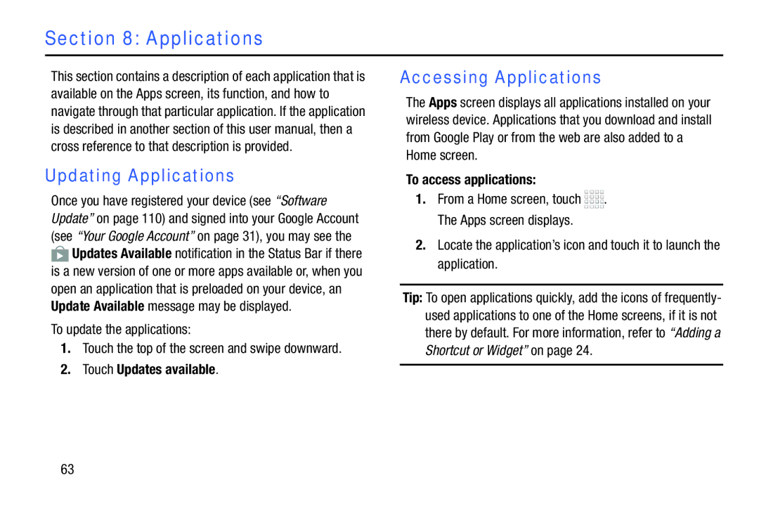 Samsung Tab4 user manual Updating Applications, Accessing Applications, Touch Updates available, To access applications 