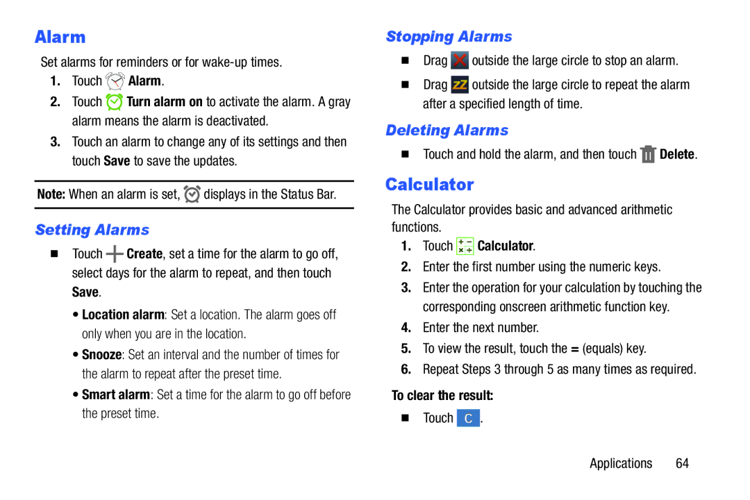 Samsung Tab4 user manual Calculator, Setting Alarms, Stopping Alarms, Deleting Alarms 