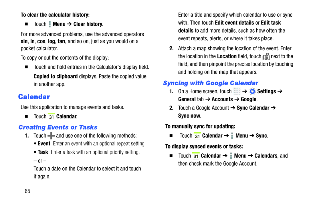 Samsung Tab4 user manual Creating Events or Tasks, Syncing with Google Calendar,  Touch Calendar 