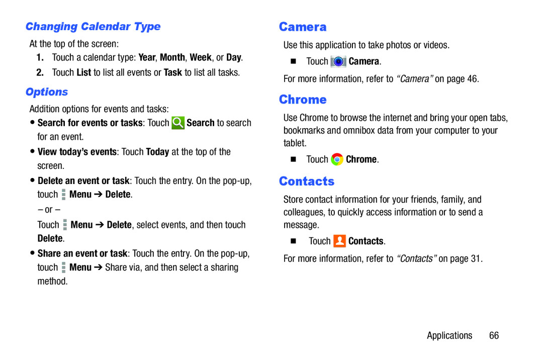 Samsung Tab4 user manual Chrome, Changing Calendar Type, Options,  Touch Contacts 