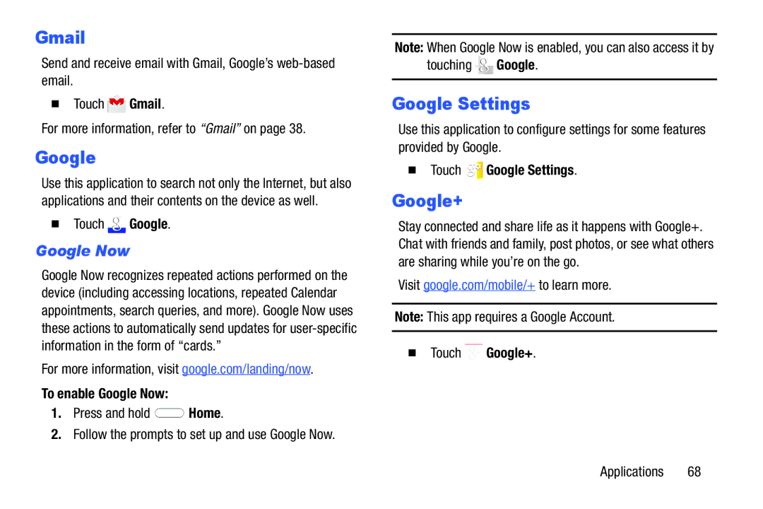 Samsung Tab4 user manual Google Settings, Google Now 